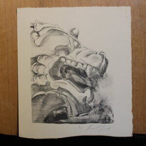 Unframed Original Litho Print Chinese Lion Statue